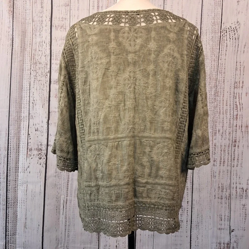 DEMOCRACY S Sage Green Mineral Wash Embroidered Smock‎ Top Boho Hippie Funky